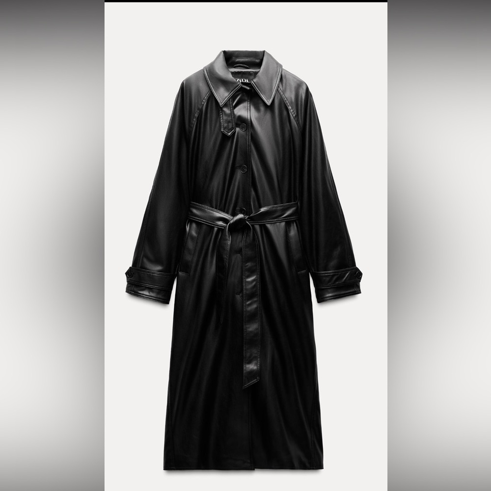 Zara Sleek Black Faux Leather Trench Coat